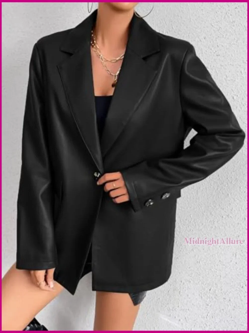 Faux Leather Blazer Jacket Moto Biker Coat Long Sleeves Button Slim Fit - Picture 5 of 7